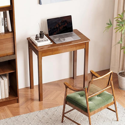Solid Wooden Desk with Drawers - 28 x 16 Inch Narrow Desks for Small Spaces, Rubberwood Simple Study Table, Small Writing Desk for Bedroom - Natural Boho Desks