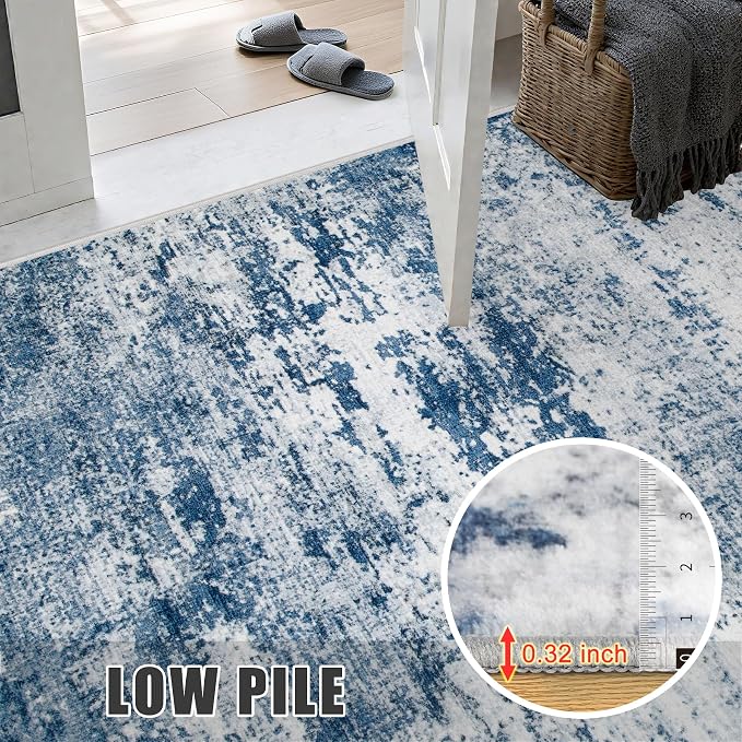 Round Area Rug for Living Room: 8 ft Washable Modern Abstract Soft Thin Rug Indoor Floor No Slip Stain Resistant Carpet for Bedroom Dining Room Farmhouse Nursery Home Office - Blue