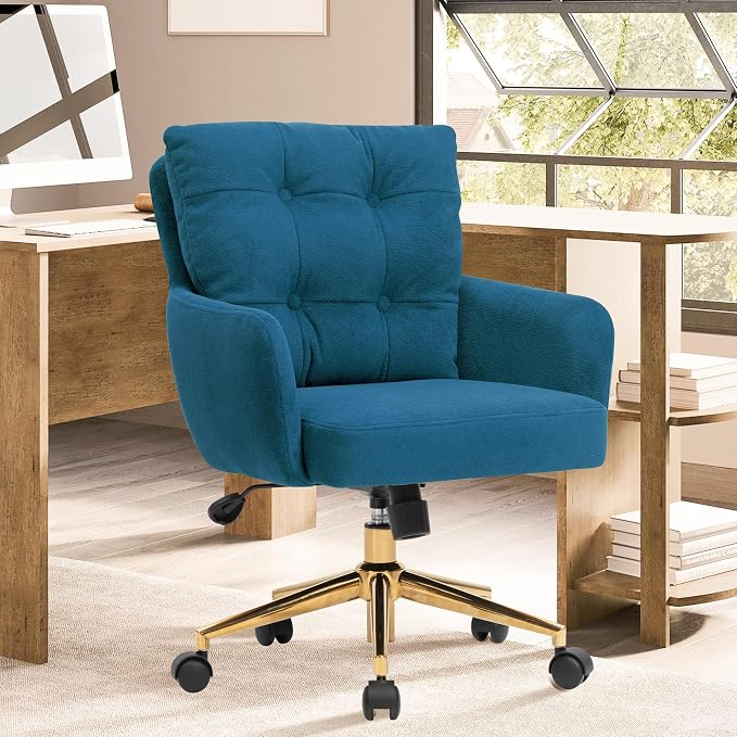 Flannel Office Chair, Comfy Home Office Desk Chairs with Lumbar Support, Modern Velvet Desk Chair Gold Legs Small Swivel Task Chair for Home Office, Bedroom, Study (Blue, XL)