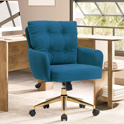 Flannel Office Chair, Comfy Home Office Desk Chairs with Lumbar Support, Modern Velvet Desk Chair Gold Legs Small Swivel Task Chair for Home Office, Bedroom, Study (Blue, XL)