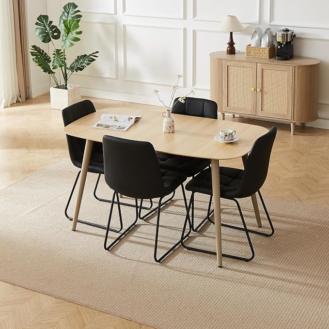 HIPIHOM 55 Inch Modern Wood Dining Table Set for 4 with Black Leather Chairs - Kitchen & Dining Room Furniture, Gray Table & 4 Seater Chairs Set (55.1")