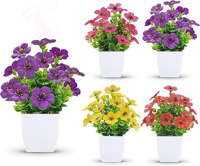 Der Rose 4 Pack Fake Plants with Scented Fragrance Tablets Artificial Flowers for Bathroom Bedroom Office Desk Spring Decor