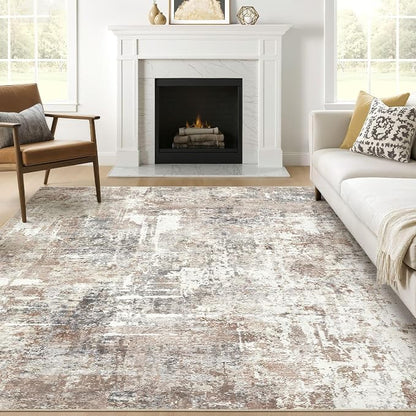 Square Rug 7x7 Living Room: Large Washable Abstract Modern Soft Area Rug Stain Resistant Indoor Floor Non-Slip Accent Carpet for Bedroom Nursery Playroom Dining Room Office Dorm Home Decor- Brown