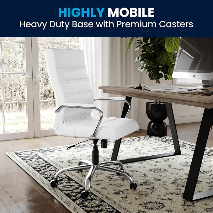 Flash Furniture Whitney High-Back Swivel LeatherSoft Desk Chair with Padded Seat and Armrests, Adjustable Height Padded Office Chair, White/Chrome