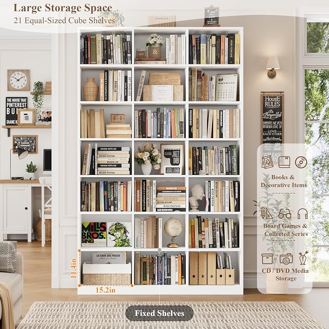 HOSTACK 86" H Triple Wide Bookshelf and Bookcase, 7 Tier Tall Bookshelf with Storage, Large Bookcase with 21 Open Display Storage Shelves, Wood Book Shelf Media CD DVD Storage for Living Room, White