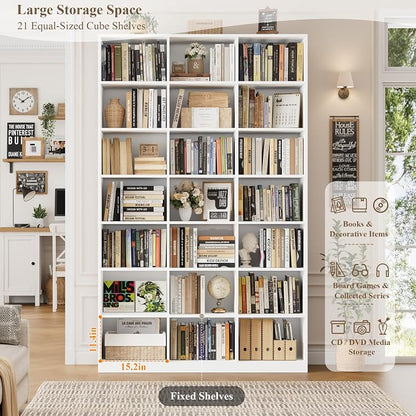 HOSTACK 86" H Triple Wide Bookshelf and Bookcase, 7 Tier Tall Bookshelf with Storage, Large Bookcase with 21 Open Display Storage Shelves, Wood Book Shelf Media CD DVD Storage for Living Room, White