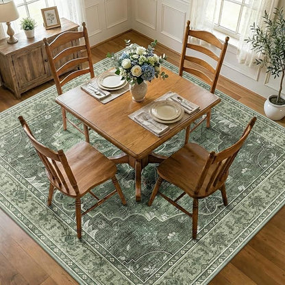 RELEANY Area Rugs Square 8ft Washable Non-Slip, Floral Vintage Distress Medallion Carpet for Living Room Bedroom Dining Room, Dark Green Gray
