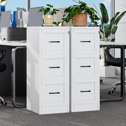 Small Metal 3-Drawer File Cabinet, Under-Desk Filing Cabinet, White | Locking, Adjustable Hanging Rail, Fit A4, FC, Letter, Hanging File Folders for Home Office Storage Organization, 2PS