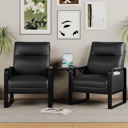 Alunaune Upholstered Living Room Chair Armchair, Mid Century Faux Leather Metal Accent Chair, Reception Couch Slipper Club Lounge Chair Guest Comfy Single Sofa with Sidetable for Bedroom-Black