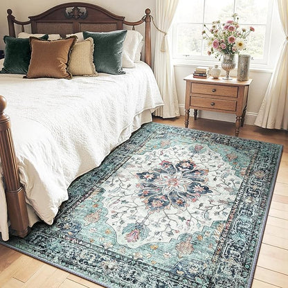 RELEANY Area Rugs 4'x6' Washable Non-Slip, Floral Vintage Distress Medallion Carpet for Living Room Bedroom Dining Room, Green Navy Blue White Red Teal
