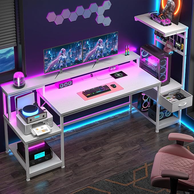 DurayLoly 63" Computer Desk with LED Lights & Outlets,Office Desk with Drawers & Monitor Stand,Gaming Desk with 3 Storage Shelves, Hooks& Printer Space for Game&Study Room,Home Office,Bedroom,White