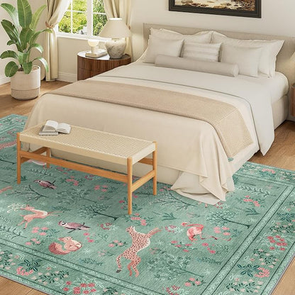 DUKINO 5x7 Rug, Washable Animal Living Room Rug with Non Slip Vintage Design, Soft Low Pile Large Carpet for Bedroom, Nursery, Dining Room, Farmhouse, Playroom, Teal