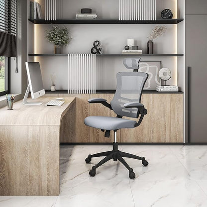 Modern High Back Mesh Executive Chair With Headrest And Flip Up Arms. Color: Silver Grey