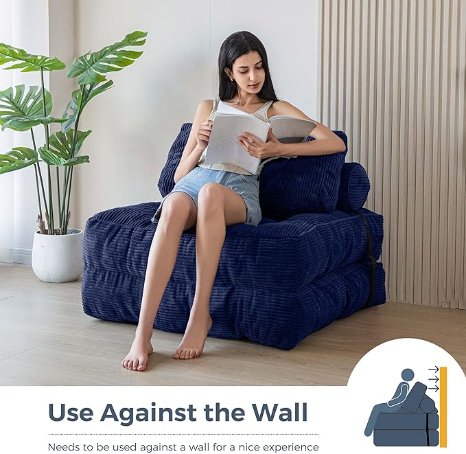 MAXYOYO Folding Sofa Bed, Convertible Chair with Pillow Foldable with Back Support, Portable Fold Out Chair Bed Comfy Floor Sofa Lounge for Living Room Bedroom, Navy, Single