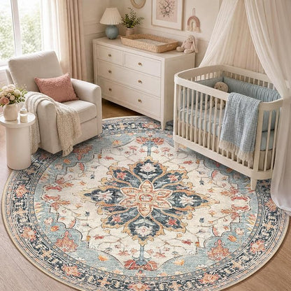 RELEANY Area Rugs Round 5ft Washable Non-Slip, Floral Vintage Distress Medallion Carpet for Living Room Bedroom Dining Room, Beige Navy Blue Orange Colorful