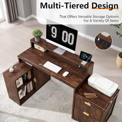 JXQTLINGMU 67" Modern L Shaped Desk with Storage Cabinet & Drawers, Wood Home Office Desk with Power Outlets, Fluted Computer Writing Desk, Dark Walnut