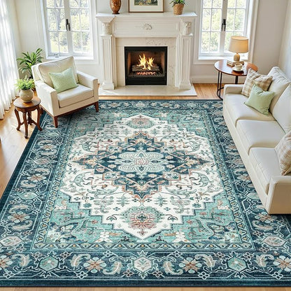 Lofus 8x10 Washable Rugs Non-Slip, Vintage Floral Area Rug for Living Room Bedroom Dining Room Kitchen, Low Pile Distress Print Medallion Carpet Home Decor Rug, Floral Green Beige