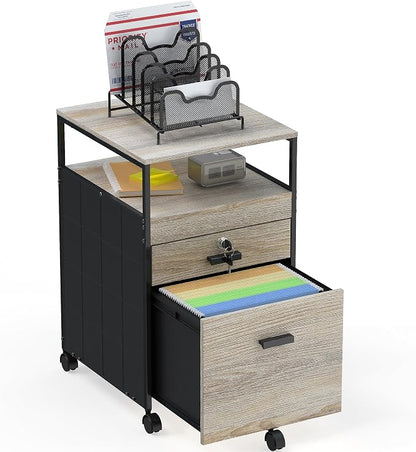 SHW Box File Rolling Mobile Cabinet with Open Shelf and Lockable Drawer, Maple