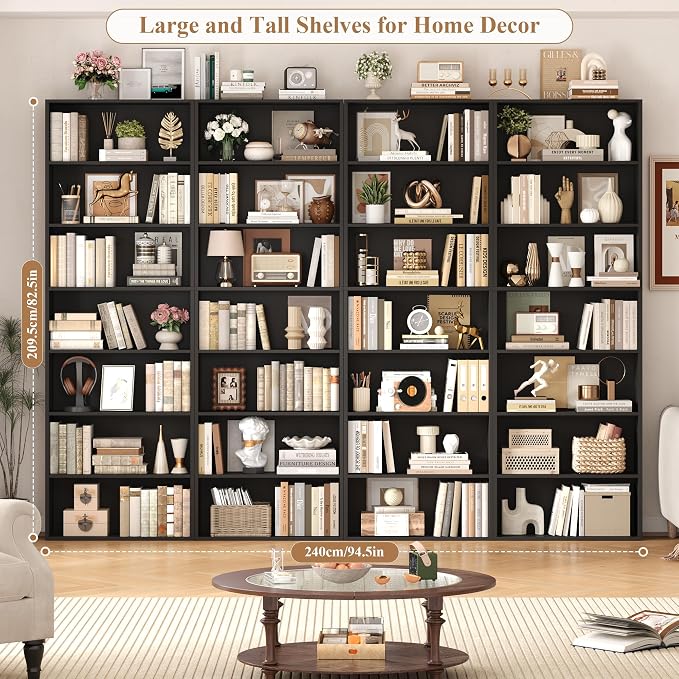 FACBOTALL 82" Tall Bookshelf Set of 2, 7-Tier Double Open Shelves Bookcase,Freestanding Display Storage Shelves, Tall Bookcase Home Decor Furniture for Home Office,Living Room,Bedroom, Black