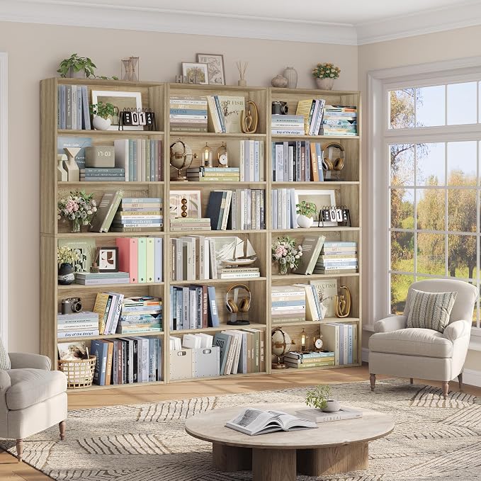 FOTOSOK 6-Tier Open Bookcase and Bookshelf, Freestanding Display Storage Shelves Tall Bookcase for Bedroom, Living Room and Office, Light Oak