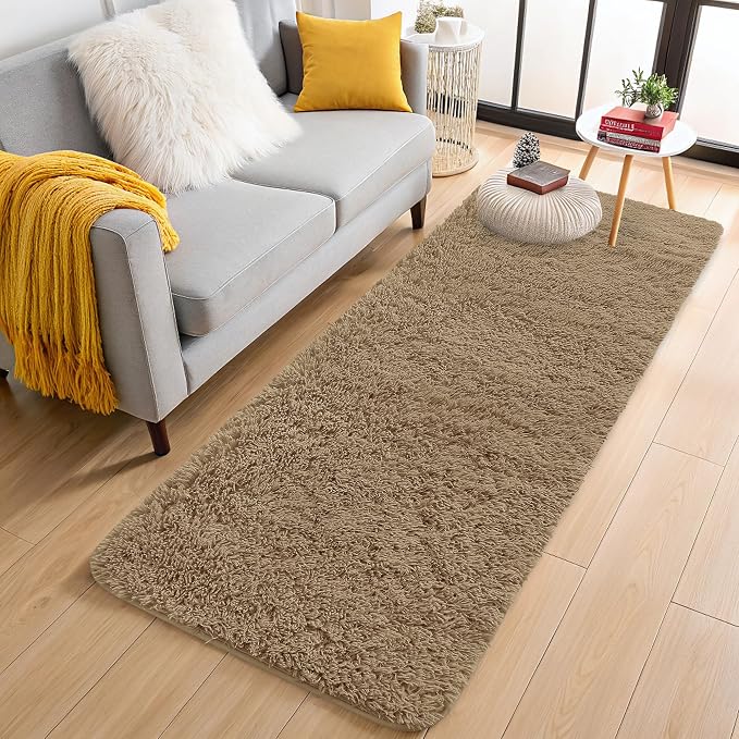 OLANLY 2x6 Machine Washable Runner Rugs for Hallway, Soft Fluffy Shaggy Bedside Rugs for Bedroom, Living Room, Indoor Floor Carpet for Kids Girls and Boys, Home Decor Aesthetic, Taupe