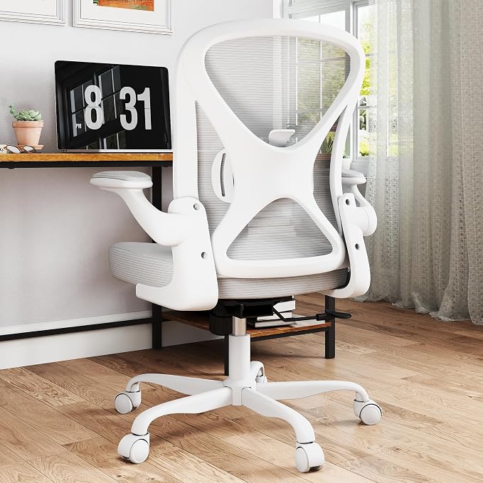 Ergonomic Office Chair with Adjustable Lumbar Support, 300 lbs Swivel Desk Chair with Flip-Up Arms, Mesh Comfy Padded Seat for Computer and Home, Grey
