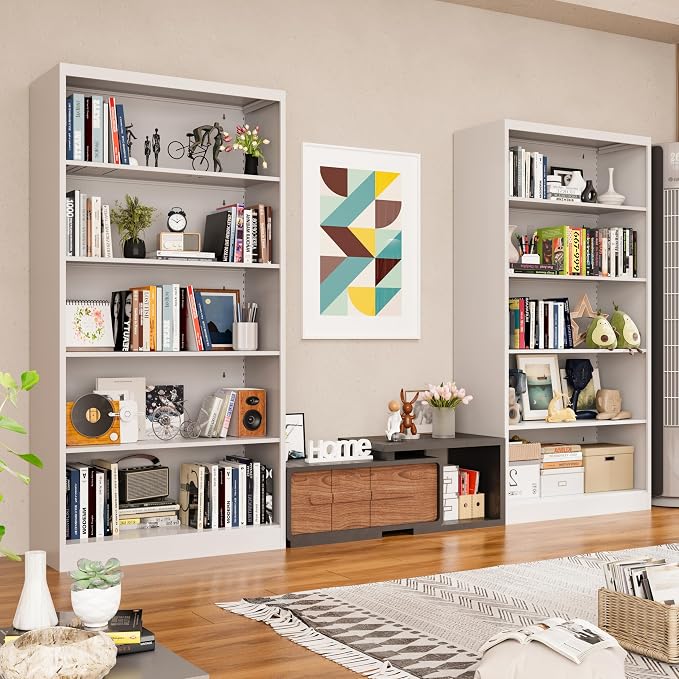 VASAAOSD 66" Tall Metal Bookcase, 5 Shelf White Bookcase with Adjustable Shelves, Large Bookshelves and Bookcases, Modern Book Shelf Storage Organizer for Living Room, Home Office, Library