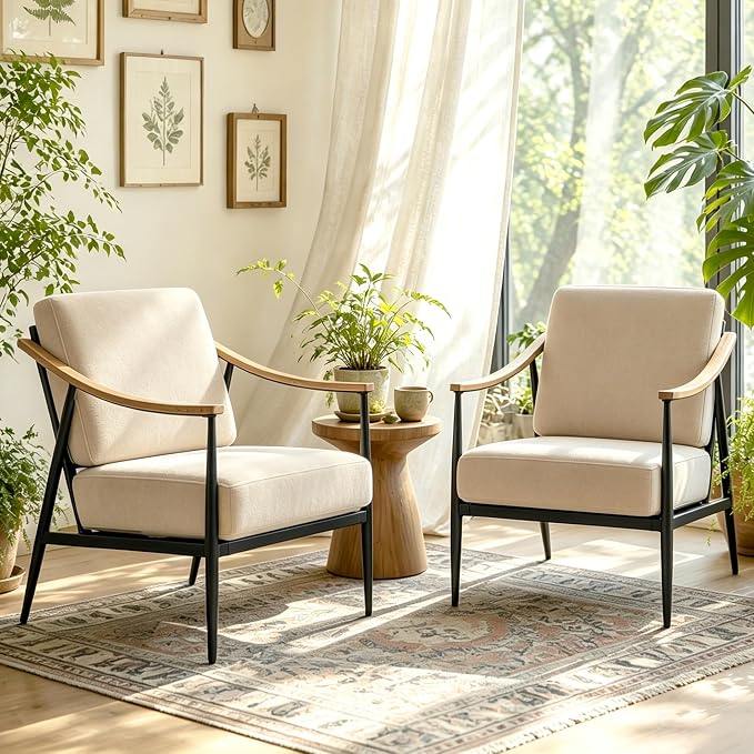 RNKSFX Modern Accent Chairs Set of 2 for Living Room Bedroom Mid Century Arm Chairs Upholstered Office Accent Chairs Comfy Waiting Room Chairs with Metal Frame, Beige
