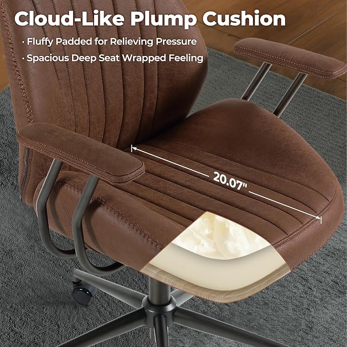 ovios Executive Ergonomic Office Chair, High Back Comfy Faux Suede Leather Computer Chairs, Mid-Century Modern Swivel Rolling Task Armchair, Dark Brown