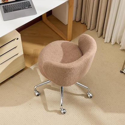 VINGLI Cute Small Swivel Desk Chair Comfy with Wheels,Ergonomic Low-Back Lumbar Support Vanity Nail Tech Rolling Task Stool Chair for Home Office,Height Adjustable,Teddy Fleece,Brown