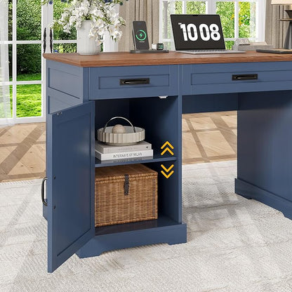 Whalefall 55'' Farmhouse Desk Home Office with Drawers, Blue | Executive Computer Desk with File Cabinet and Charging Station, Wooden Small Desk with Locking Drawers Storage