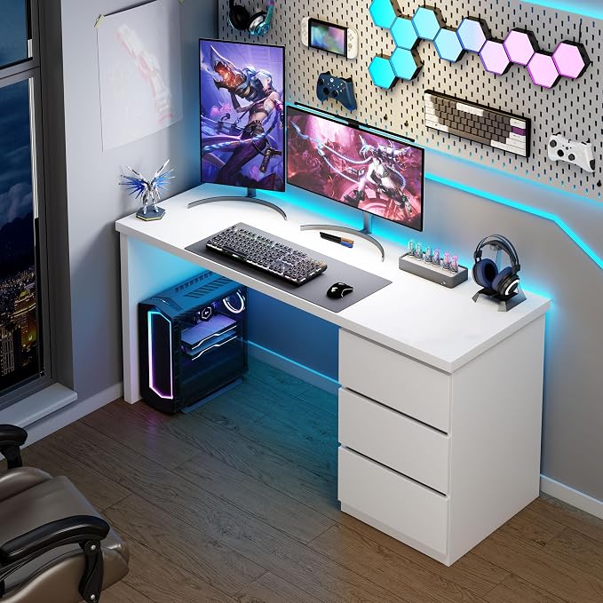 furtble White Desk with Drawers, 55'' W Home Office Computer Desk Gaming Table, Modern Vanity Desk with Storage, Wood Writing Workstation for Bedroom, Living Room, White