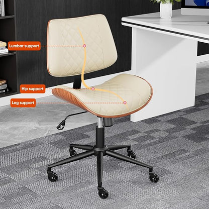 Home Office Desk Chair with Swivel Wheels, Mid-Century Modern PU Leather Armless Office Chair, Small Mid Back Computer Chair for Home Office, Meeting Room