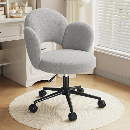 Homkdom Desk Chair with Wheels, 3.94" Thick Comfy Petal Vanity Chair, Swivel Armless Chair with Open Back and Adjustable Height, Ideal for Makeup Study Work and Relaxation, Grey