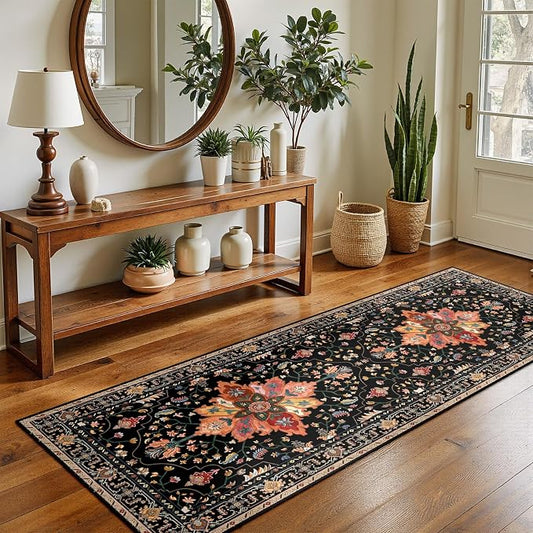 RELEANY Area Rugs Runner 2'x5' Washable Non-Slip, Floral Vintage Distress Medallion Carpet for Kitchen Hallway Bedroom Beside Laundry Room Bathroom, Black Colorful Floral Dark Tan