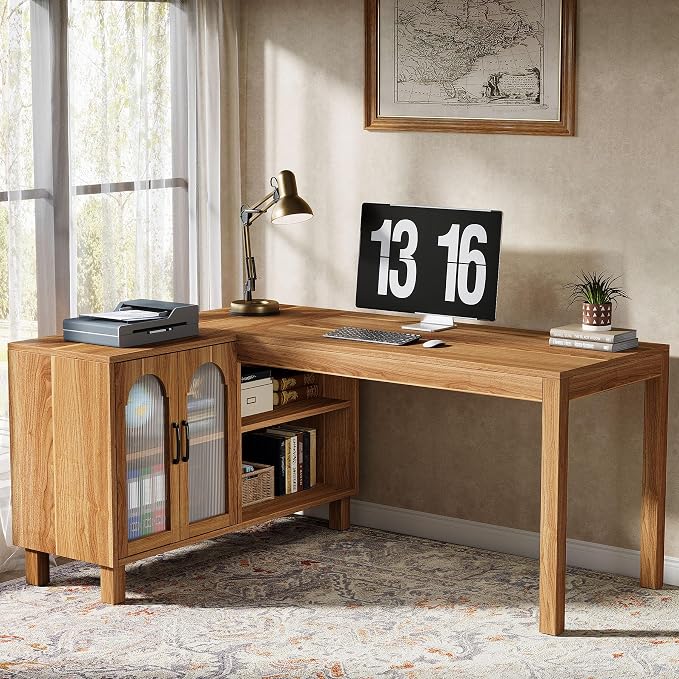 Tribesigns 59-Inch L-Shaped Desk with File Cabinet & Shelves, Brown | Executive Office Desk with Storage, Wooden Computer Writing Desk Corner Desk for Home Office