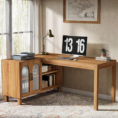 Tribesigns 59-Inch L-Shaped Desk with File Cabinet & Shelves, Brown | Executive Office Desk with Storage, Wooden Computer Writing Desk Corner Desk for Home Office