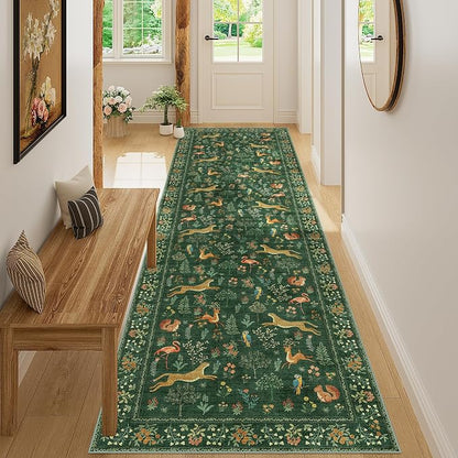 DUKINO 3x10 Washable Runner Rug for Hallway, Lightweight Long Kitchen Rug with Low Pile Design, Vintage Animal Non Shedding Thin Indoor Carpet for Entryway, Bathroom, Bedroom, Laundry Room, Green