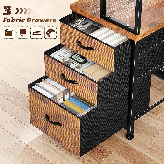 DurayLoly Office Desk with 3 Fabric Drawers & Shelf, Reversible L Shaped Desk Computer Desk with Remote LED Lights, Power Outlet and PC Stand for Home Office Desk, Corner Desk for Bedroom, Brown