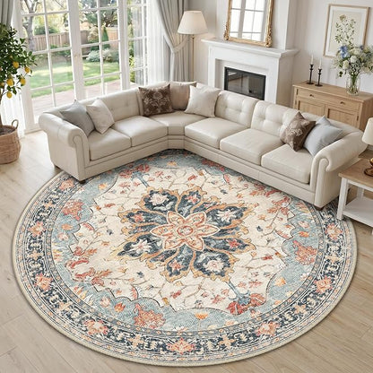 RELEANY Area Rugs Round 10ft Washable Non-Slip, Floral Vintage Distress Medallion Carpet for Living Room Bedroom Dining Room, Beige Navy Blue Orange Colorful