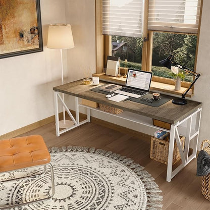 LITTLE TREE 63-Inch Executive Office Desk, Large Computer Desk with Storage Shelf, Executive Desk with Metal Frame, Thickened Desktop, Study Writing Desk Work Station for Home Office, Grey + White