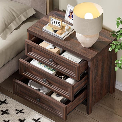 Farmhouse Walnut Nightstand, Large Nightstand with 3 Drawers, Wood Night Stand for Bedroom, Modern End Table for Living Room Closet, 26.7” Wide with Metal Knobs