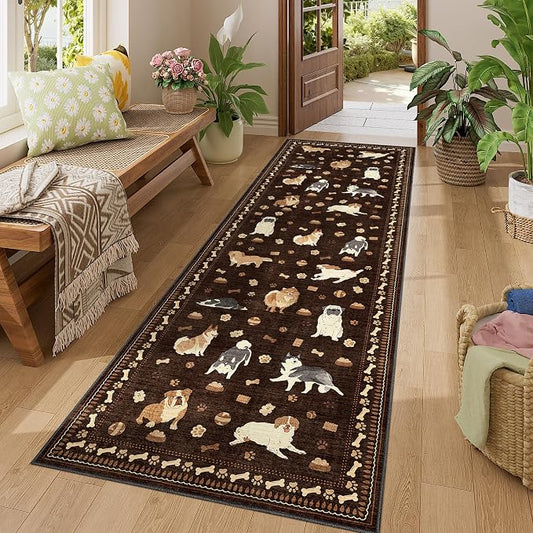 DUKINO 2x6 Washable Runner Rug for Hallway, Non Slip Animal Dog Kitchen Rug with Low Pile Design, Ultra Soft & Stain Resistant Indoor Carpert Runner for Entryway, Bedroom, Laundry, Bathroom, Brown