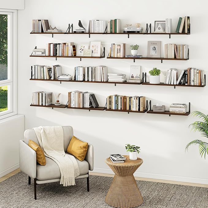 Heimlove Floating Book Shelves for Wall,47.2 Inches Long Wall Mounted Bookshelves,Heavy Duty Bracket Shelves for Living Room Kitchen,Laundry Room Storage & Decor,Set of 3,Walnut