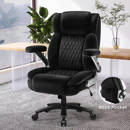 Big and Tall Office Chair 600lbs with 5D Flip Arms, Heavy Duty Executive Office Chairs, Ergonomic Desk Chair with Adjustable Lumbar Support & Rubber Wheels, Velvet Fabric, Black