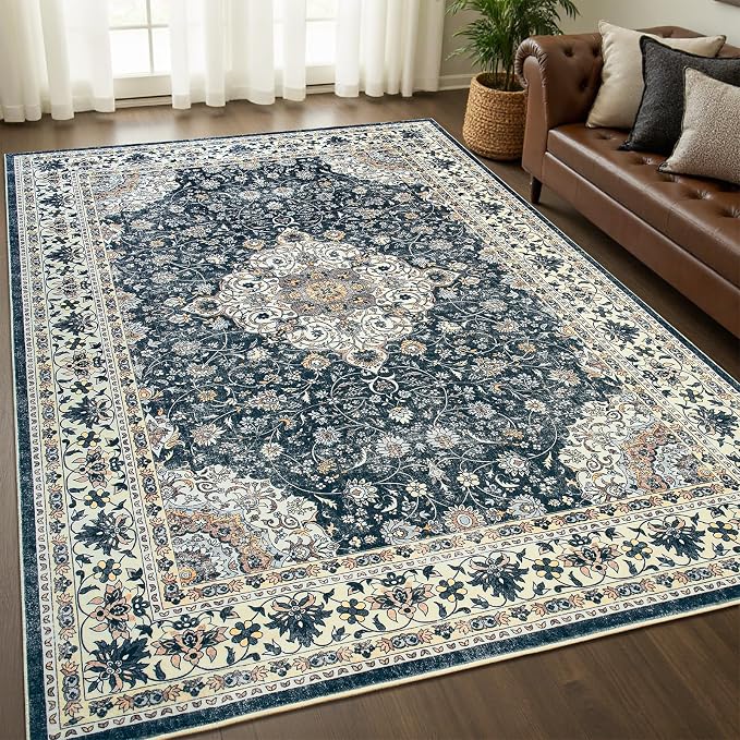 Goideal Washable Rug 4x6, Vintage Area Rugs Non Slip, Indoor Low Pile Carpet with Rubber Backing for Living Room Kitchen Bathroom Entryway Office Bedroom, Black & White