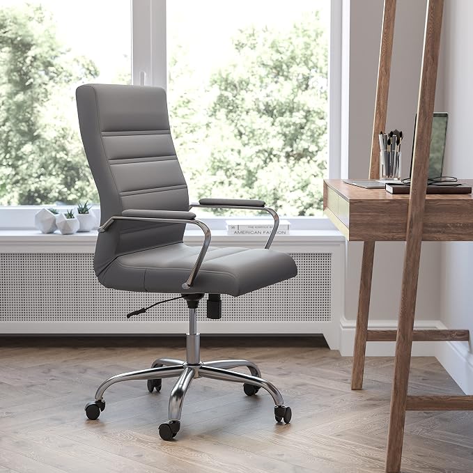 Flash Furniture Whitney High-Back Swivel LeatherSoft Desk Chair with Padded Seat and Armrests, Adjustable Height Padded Office Chair, Gray/Chrome