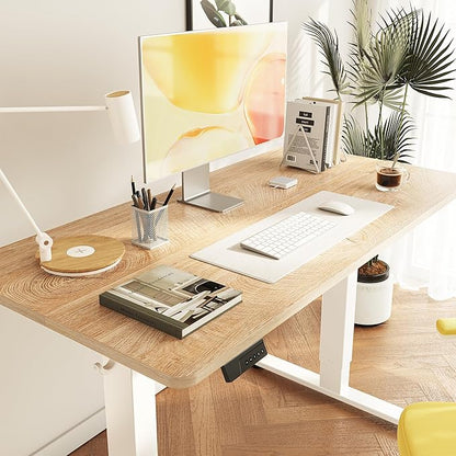 Cubiker Standing Desk, 55x28 Inches Sit Stand Home Office Desk, Electric Stand up Desk, Adjustable Desk with Splice Board, White Frame/Maple Top