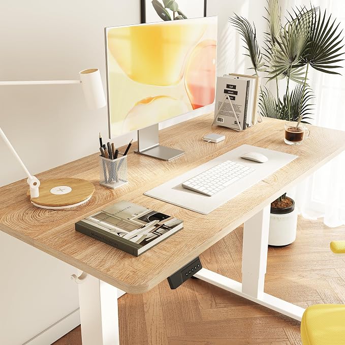 DESINO Standing Desk, 55 × 24 Inches Electric Height Adjustable, Sit and Stand Up, Computer Office Desk with Splice Board, White Frame/Oak TOP