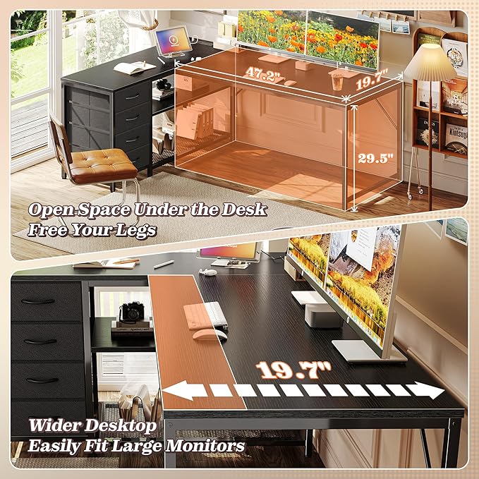 PRAISUN 61" L Shaped Desk with Power Outlets & USB-C Port, Reversible Computer Corner Office Desk with 4 Fabric Drawers and 2 Storage Shelves, Large Desk for Gaming Writing Study, Black